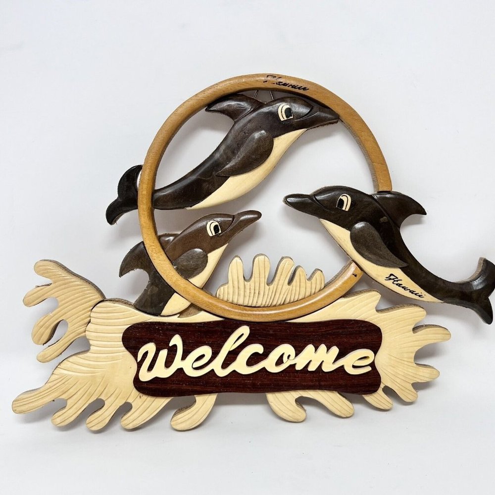 Hawaii Welcome Dolphin Wall Art of Mixed Woods 3D Dimensional - NEW